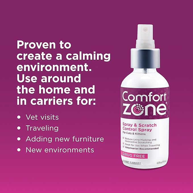 Comfort Zone Cat Calming Pheromone Spray: Value Size (4 oz); Proven to Reduce Destructive Scratching, Urine Marking, and Stress