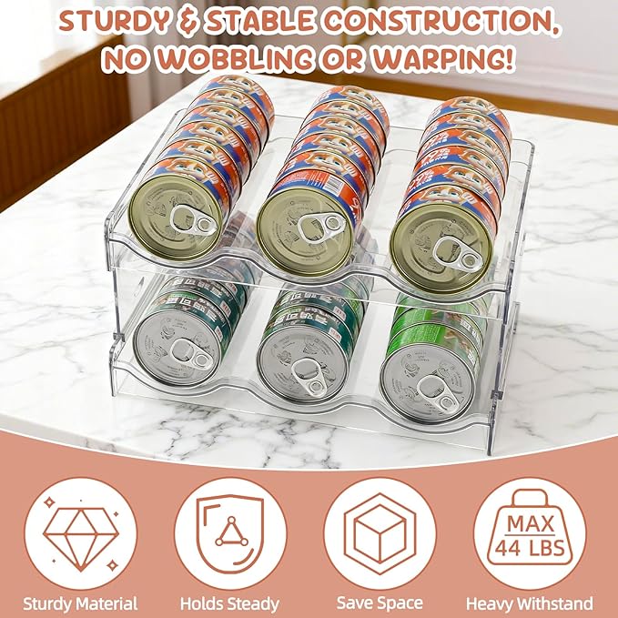 FHTONGE Heavy-Duty Cat Can Organizer for Multiple Sizes, Transparent Wet Cat Food Storage Rack for Pantry Kitchen Cabinet Rridge, 2-Tier Pet Canned Goods Dispenser Shelf Dog Tins Holder Container