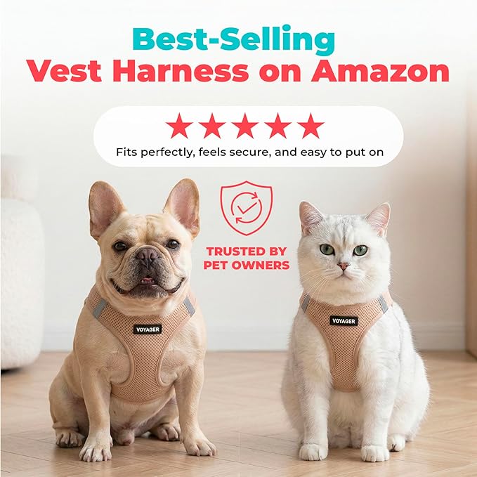 Best Pet Supplies Voyager Step-in Air Harness - All Weather Mesh, Reflective, No Pull Harness for Dogs, Cats - Secure with Hook & Loop Fastener, Buckle, Double D-Rings - Khaki, M