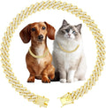 Luxury Cuban Link Dog Collar Gold Dog Chain Necklace with Diamond Rhinestones - 0.59 Inch Width Metal Pet Collar Jewelry for Small Medium Large Dogs & Cats (12 inch)