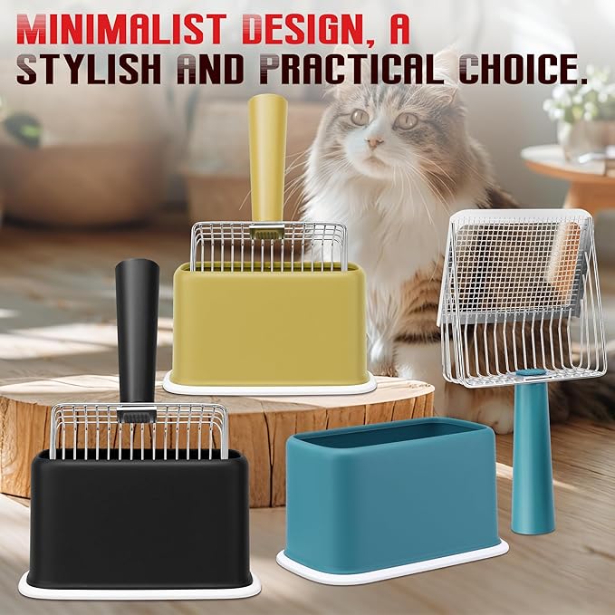 Metal Cat Litter Scoop with Holder, Heavy Duty Cat Scooper for Litter Box, Large Deep Sifter Shovel with Dual-Hole Design (10mm/5mm) for Pellets, Pine & Clay, Non-Stick Scraping Edge, Yellow