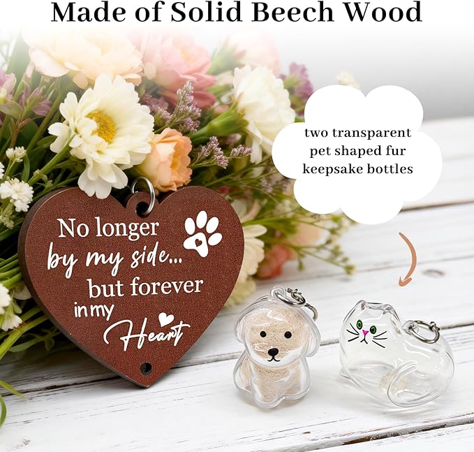 Dog Cat Memorial Picture Frame with Two Pet Shaped Hair Keepsake Bottles, Rotating Wooden Frame for 4x6 Photo, Loss of Dog Sympathy Gift, Pet Memorial Gifts