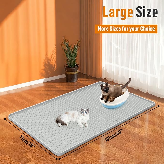 Silicone Cat Litter Mat, 40" x 28" Extra Large Cat Litter Box Mat Litter Trapping Mat for Scatter Control, Waterproof, Soft on Kitty Paws, Clean Floor (Grey)