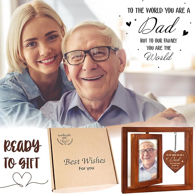 Rotating Picture Frame Father's Day Gift, Frame Fits 4x6 Photo for Dad, To the World You Are a Dad Wooden Keepsake Idea Father Stepdad Birthday Gift from Daughter Son Tabletop Decor HR-DAD-WAL