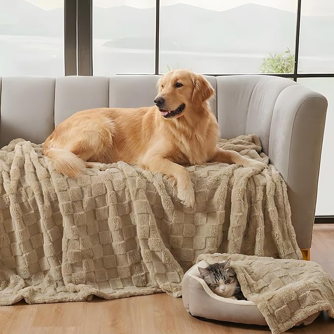David's Home Large Dog Blankets Washable Pet Bed Cover, Soft Fluffy Fuzzy Cat Puppy Blanket with Premium 300GSM Fleece for Pet Kitten Doggy, Pale Khaki, 50x60IN