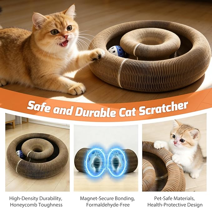 Magic Organ Cat Scratcher Toy, Foldable & Reversible Accordion Kitty Toy with Bell Ball, Interactive Cardboard Scratching Board Scratcher Pad for Indoor Cat (1 Pack)