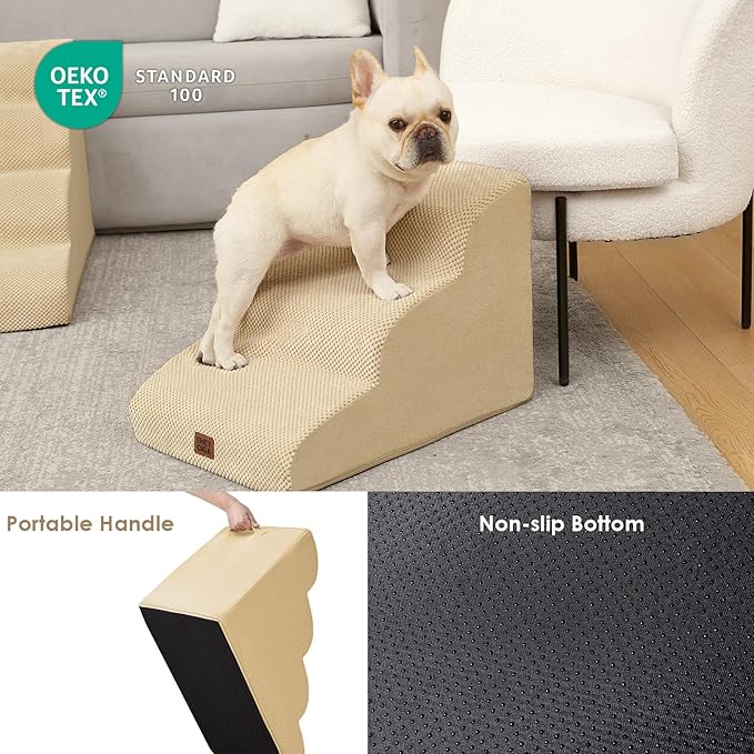 EHEYCIGA Curved Dog Stairs Ramp for Small Dogs 15.7" H, 3-Step Dog Steps for Couch Sofa and Chair, Pet Stairs for Cats, Non-Slip Balanced Pet Steps Indoor, Graige