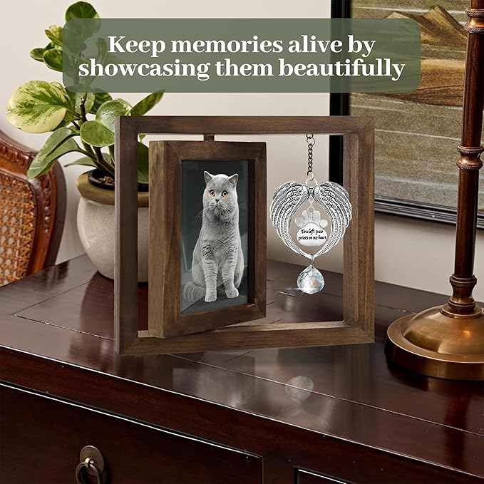 Pet Memorial Rotating Wooden Picture Frame with 4x6 Photo, Dog Cat Angel Wings Sympathy Ornament Crystal Rainbow You Left Pawprints on My Heart, Dog Bereavement Remembrance Gifts In Loving Frame PR-4R