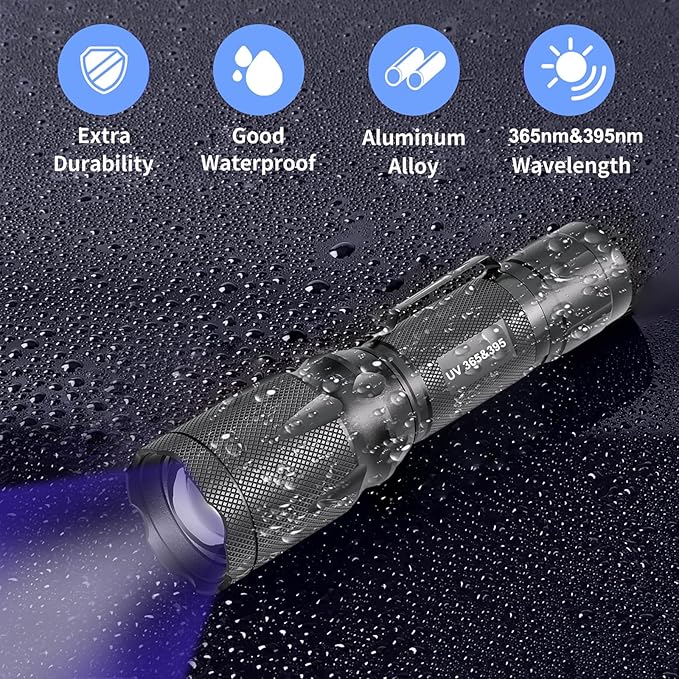 UV Flashlight Black Light- 365nm 395nm Ultraviolet Flashlights, Handheld Blacklight Torch Woods Lamp for Pet Urine Stains Detection, Rocks & Minerals, Glue Curing, Scorpions Finder and Uranium Glass