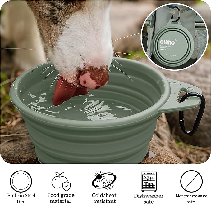 OHMO Collapsible Dog Water Bowls w/Built-in Stainless Steel Ring – 2pcs Small 12oz/400ml Portable Silicone Pet Feeding Bowl for Hiking, Camping, Travel