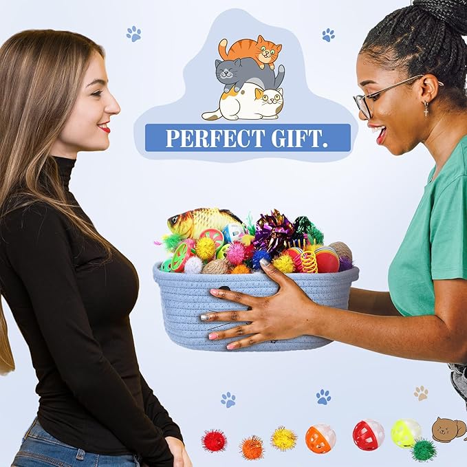 Zopeal 58 Pcs Valentine's Day Cat Storage Basket Gift Toys Set, Colorful Flashing Balls Pet Bell Crinkle Balls Spring Toys Attract Cat to Swat, Hunt, Interactive for Pet(Light Blue,9.8 Inch)