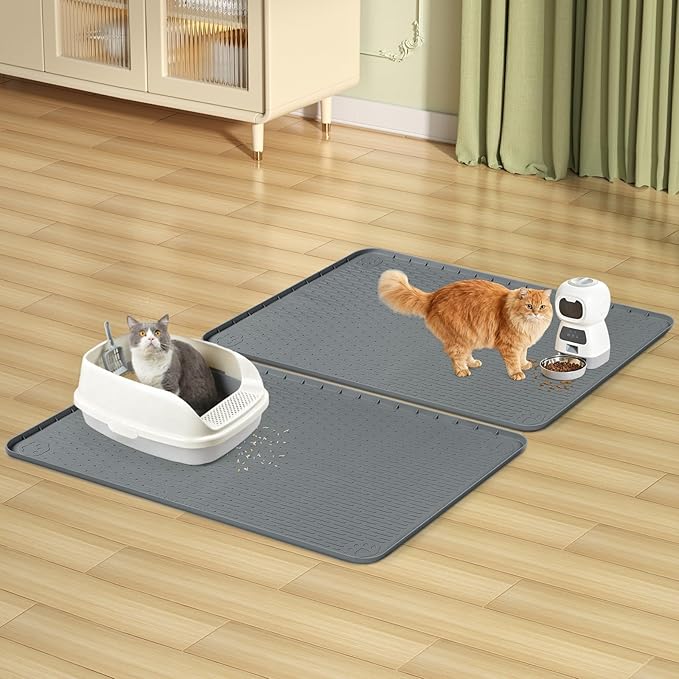 Cat Litter Mat, 2 Pack Large 34" x 22" Silicone Mat Litter Trapping Mat for Scatter Control, Soft on Kitty Paws, Easy to Clean (Dark Grey)