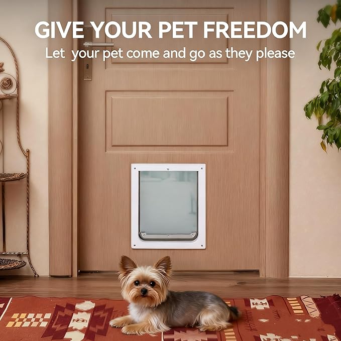 PAWISE 2 Way Dog Door, Lockable Doggy Door with Safe Metal Panel & Flexible Transparent Flap, Weatherproof & Easy Install Pet Door for Dogs and Cats, Quiet Design Dog Flap (9.8"x11.4")