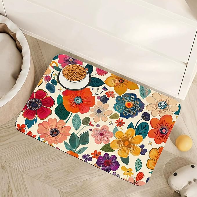 Floral White Dog Food Mat for Floors,Boho Absorbent Quick-Dry Pet Feeding Mat,Cat Dog Bowl Mats for Food and Water,Non-Slip Pet Accessories Supplies 12"x20"