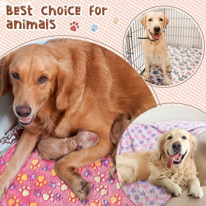 Tatuo 4 Pcs Dog Blanket for Pet Puppy Teething Toys Paw Print Fleece Blanket for Pet Cat Soft Warm Sleep Mat Guinea Pig Cage Mat(XXX-Large(51 x 63 Inch),White, Coffee, Pink, Purple)