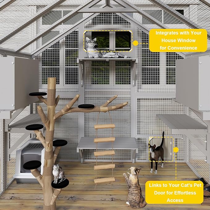 PetsCosset Large Cat Catio for Multiple Cats Outdoor Cat Patio Enclosures Wooden Walk in Cats House Outside Shelter Kitty Kennel Weatherproof Roof,Attached to House's Window Cat's Door and Tunnel