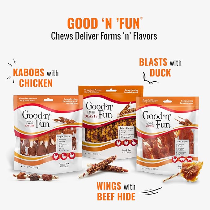 Good ‘n’ Fun Triple Flavor Wings Chews for All Dogs, 12 Ounces, Treat Your Dog to Long-Lasting Chews Made from Chicken, Pork Hide and Beef Hide