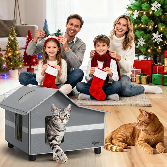 Outdoor Cat House Weatherproof, Outside Cat House for Outdoor Feral Cats, Insulated Cat Shelter with Cozy Mat and Elevated Bases