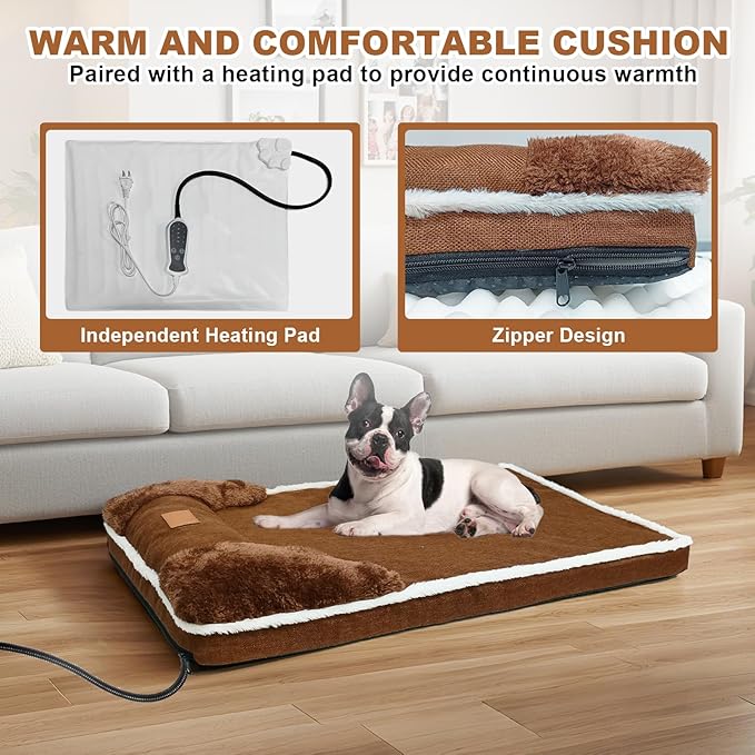Heated Pet Bed for Cat & Puppy, 20×20In Dog Beds with Memory Foam Pet Bed, Nine Gears Smart Switch Dog Sofa with Timer, Washable Removable Cotton Sleeve, Soft and Comfortable