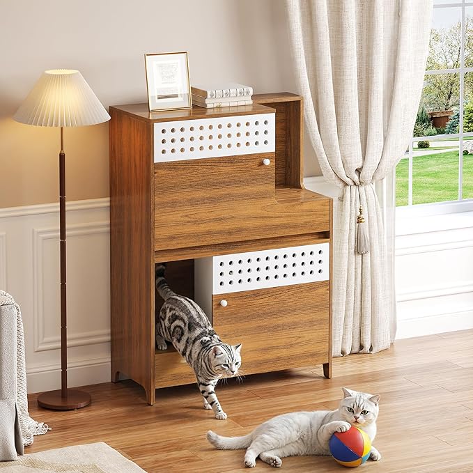 Modern 2 in 1 Side Table Cat Furniture, Cat Litter Box Enclosure, Cat House with Storage, for 2 Small-Medium Sized Cats - Brown