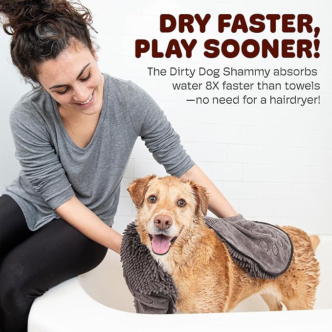 Dog Gone Smart The Dirty Dog Shammy - 2-Pack, Antimicrobial Microfiber Dog Towel for Odor Control, Fast-Drying Plush, Dual Hand Pockets & Super Absorbent, Machine Washable - 31×13 in, Grey