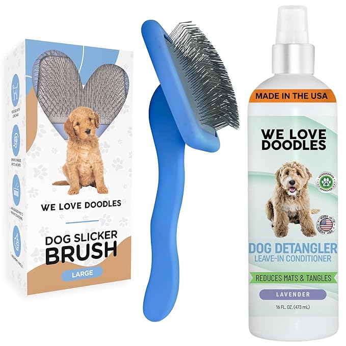 We Love Doodles Large Slicker Brush & Lavender Detangler Spray Pack - for Long-Haired Dogs, Dog Leave-In Conditioner for Reducing Mats, Knots & Tangles, Dematting & Conditioning Kit, 16 oz