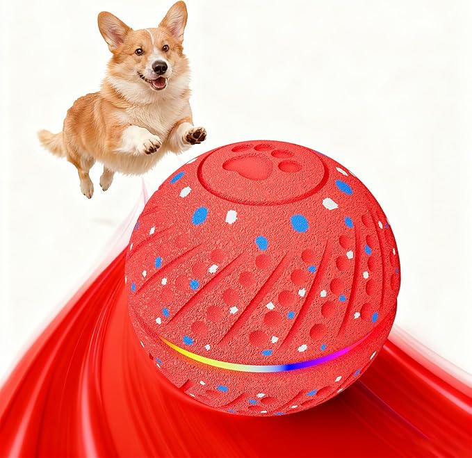 Interactive Dog Toys: Self Rolling & Bouncing Ball to Keep Them Busy, 3 Modes, Type-C Fast Charging, Durable E-TPU & IP54 Waterproof - Best for Small/Medium Breeds & Puppies (Red, Medium)