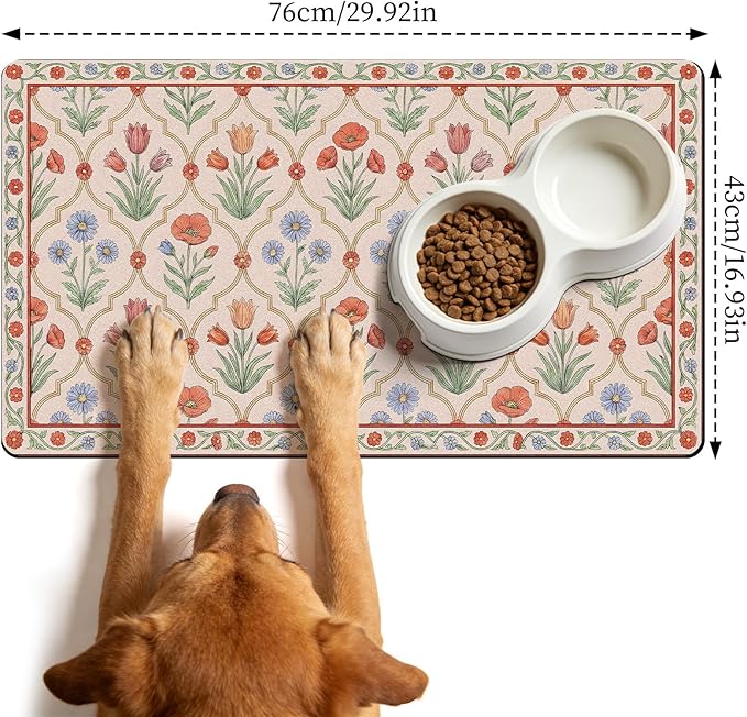 Dog Bowl Mat for Food and Water - Hamdwerk Absorbent Anti Slip Cat Feeding Mats for Floors, Quick Dry Pet Dog Feeding Matts, Diatomite Pet Dish Placemat Supplies, Vintage Floral Style, 17 * 30in
