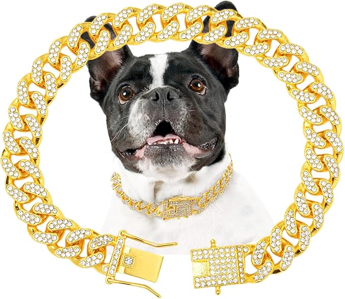 Gold Dog Chain Diamond Collar Walking Metal Chain Collar with Design Secure Buckle Pet Collar Jewelry Accessories Dog Necklace for Small Medium Large Dogs Cats (Gold,20 Inch)