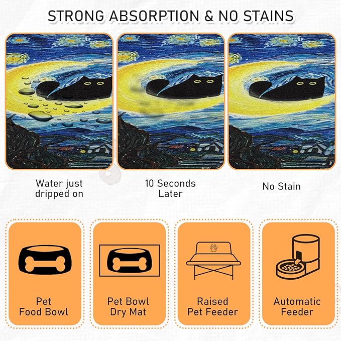 Dog Food Feeding Mat - Absorbent Diatomite Pet Dog Cat Bowl Mats for Food and Water, Anti Slip Dog Bowl Placemat for Floors, Quick Dry Pet Dish Matts Supplies, Black Cat Style, 17 * 30in
