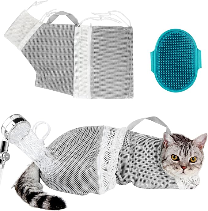 Cat Bag for Bathing Set with Grooming Washing Bag Adjustable Pet Shower Brush - Cat Bathing Mesh Bag Anti Scratch Anti Bite Soft Durable for Cats & Dogs Restraint Grooming Nail Trimming Washing