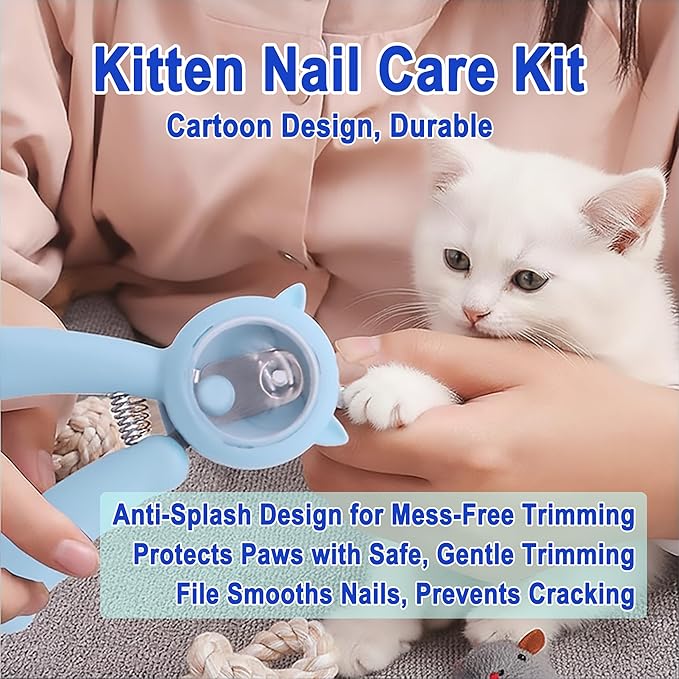 Kitten Nail Clippers Set, Anti-Splatter Nail Clipper with Nail Collector, Safety Nail Trimmer for Kittens, Includes Nail File, Cleaning Brush, Cotton Swabs and Zipper Bag