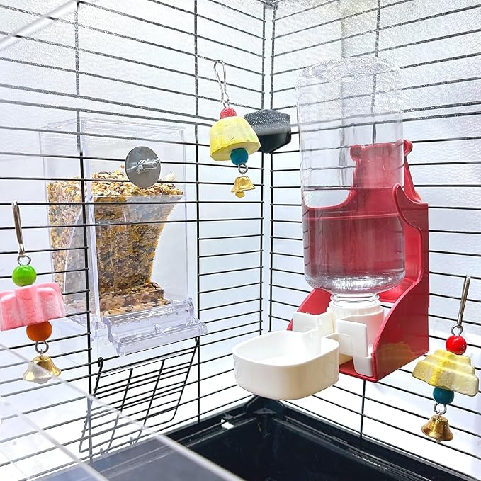 Parrot Automatic Feeder Bird Water Dispenser for Cage No Mess Bird Feeder Food Container Feeding Station Foraging with 3 Beak Grinding Stone for Cockatiel Cockatoo Canary Lovebirds