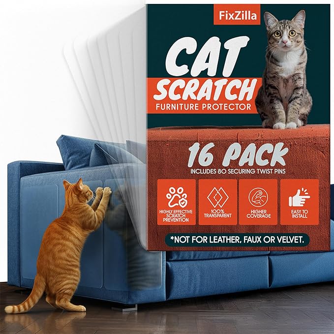 Anti Cat Scratch Furniture Protector, 16-Pack Couch Protector from Cat Claws – Heavy-Duty, Easy-to-Apply Scratching Deterrent and Shield for Sofa Corners, Walls, Doors- with 80 Twist Pins