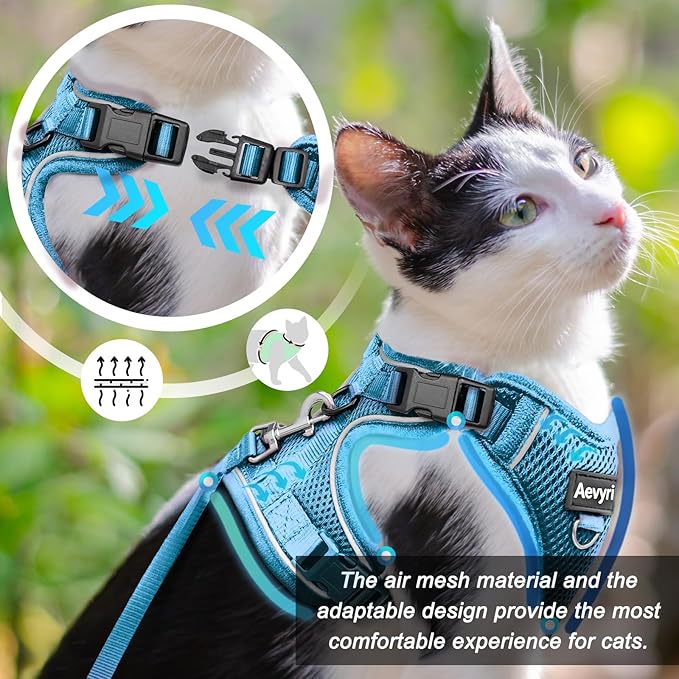 Cat Harness and Leash for Walking, The Upgrade Can be Adjusted in Four Directions and Breathable Cat Harness for Anti Escape that can be Fitted and Positioned, Reflective Strips Harness, Blue, L
