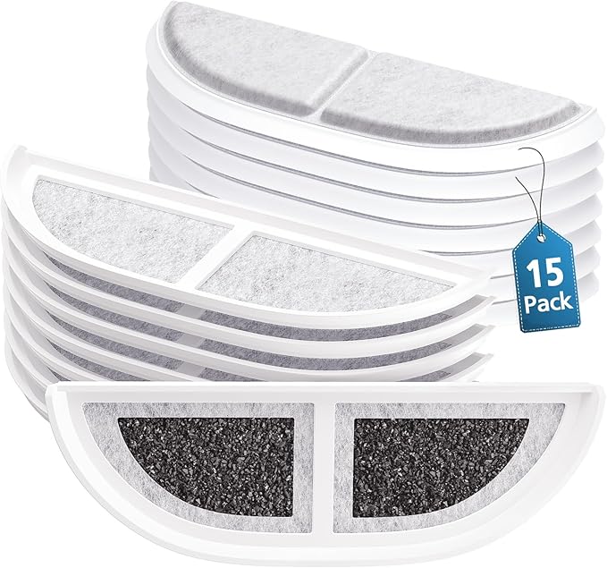 15-Pack Cat Water Fountain Filters Compatible with eufy Stainless Steel Pet Fountain 3L/105oz, Pet Water Fountain Filter with Triple Filtration System for Cats and Dogs