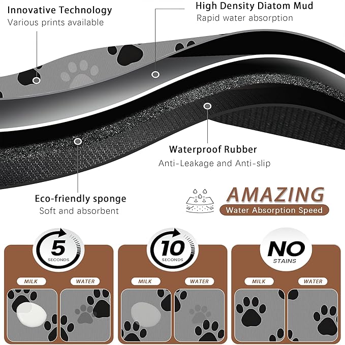 Cat Paw Prints Dog Food Mat for Floors,Gray Black Absorbent Pet Food and Water Bowl Mats,Non-Slip Pet Feeding Mat,Pet Supplies 16" x 24"