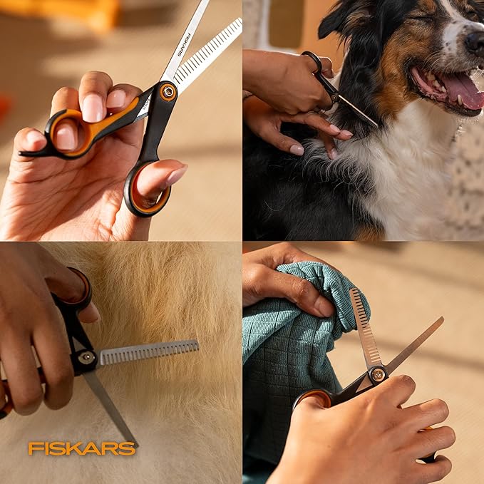 Fiskars Pet, Dog and Cat Grooming Scissors, Serrated Teeth for Thinning & SoftGrip Handle, Cat and Dog Supplies, Orange/Black, Blending Scissors