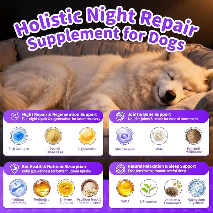 Dog Vitamins and Supplements for Nighttime Repair, Calming, Joint, Gut, Dog Multivitamin Powder for Homemade Food with Collagen, Glucosamine, GABA, Probiotics - Chicken Flavor, 75 Scoops