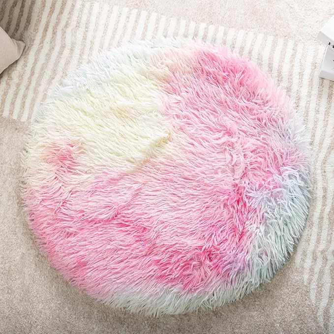 Round Plush Pet Mat Thin Style Pad Mat for Cats, Small Dogs, Rabbits, Guinea Pigs, Washable Soft Sofa mat, for Crate Cat Tree Tower Window Perch (Colorful, Large (23.6inch) - 1pcs)