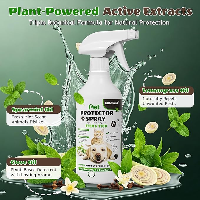Flea & Tick Spray for Dogs & Cats, Plant-Based Formula with Lemongrass, Spearmint & Clove, Removes & Repels Fleas, Ticks, Mites, Lice & Mosquitoes, Gentle Daily Protection for Home & Pets