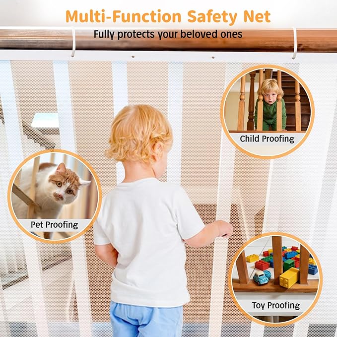South to East Banister Guard for Baby, 15ft x 3ft Child Safety Net, Balcony Netting for Pets, Stair Railing Cover Baby Proofing, No Drilling, Stairway Mesh Netting Indoor Outdoor for Kids, Pets, Toys