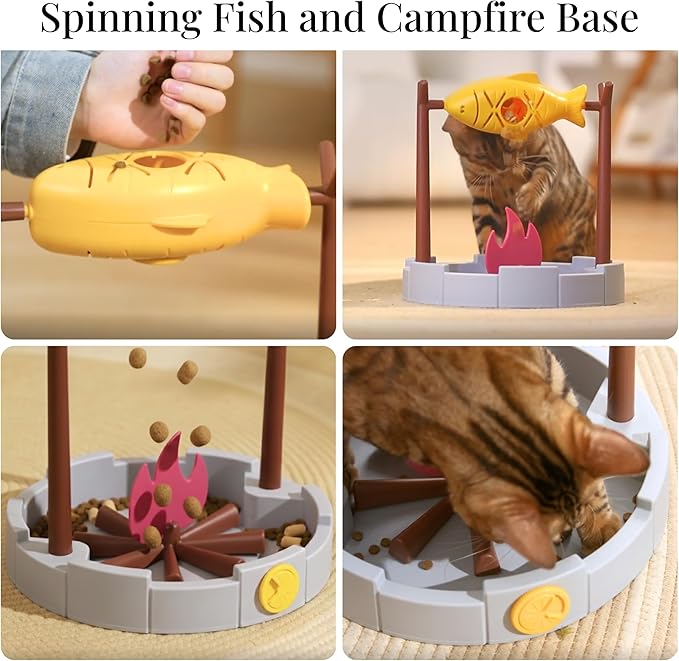 PetPals 11" High Cats Treat-Dispensing Slow Feeder,Pets Dry Food Dispenser,Cats Slow Feeding Snack Bowl, Grilled Fish Spinning Toy, Food Puzzle Cat Toy