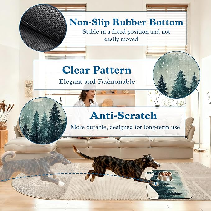 Mysty Winter Fores Pet Feeding Mat–Christmas Stocking Quick Dry Absorbent Dog Cat Food Mat, Non Slip Waterproof Bowl Placemat for Messy Eaters, Pet Accessories for Floors 12"x20"