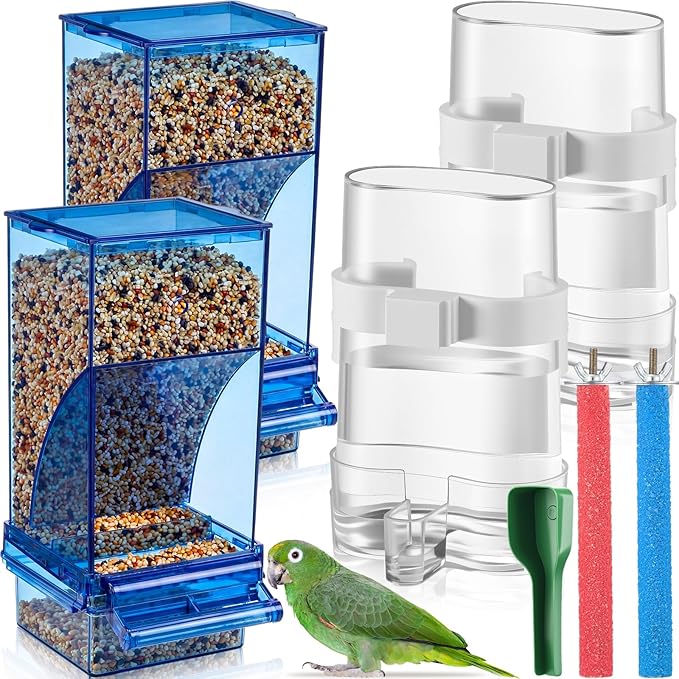 Novabright 7 Pcs No Mess Bird Feeder Water Dispenser Set Include Automatic Parakeet Feeder and Drinker with Bird Paw Grinding Stick Cage Accessories for Small Medium Cockatiel Lovebird(Classic,Blue)
