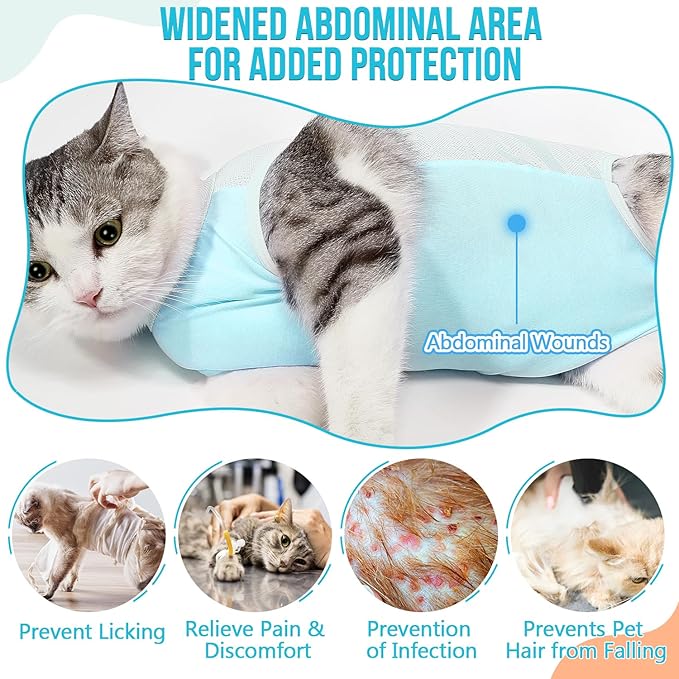 SlowTon Cat Recovery Suit - Onesie After Surgery for Female Male Kittens, Clothes Surgical Spay Suit for Abdominal Wounds, E-Collar Alternative Bodysuit Anti-Licking (Light Blue, S)