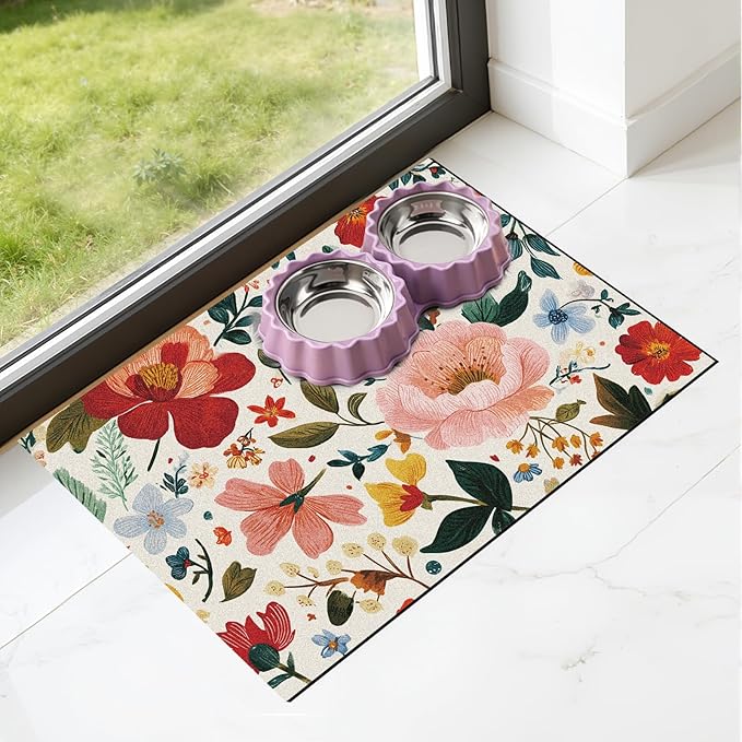 Pet Dog Cat Food Mat - Hamdwerk Absorbent Dog Bowl Mats for Food and Water, Anti Slip Cat Bowl Feeding Placemat for Floors, Quick Dry Diatomite Pet Dish Matts Supplies, Floral Style, 16 * 24in