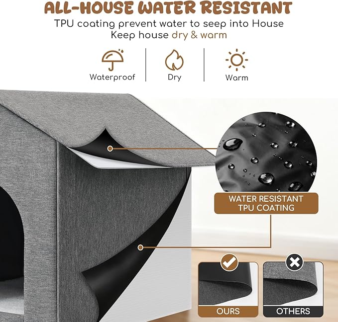 Outdoor Cat House Weatherproof, Insulated Cat Houses for Outdoor/Indoor Cats for Winter, Waterproof Feral Stray Cat Shelter with Door Curtain and Warm Cushion, Easy to Assemble, Grey