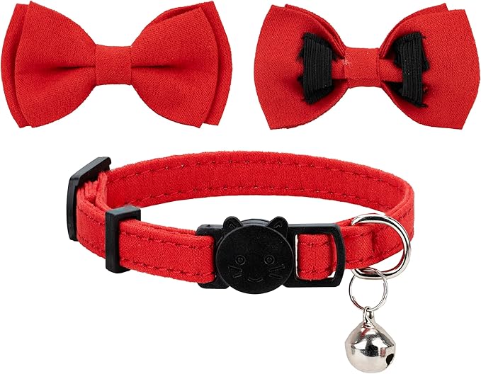 Collar for Cat Pet Breakaway with Bell Bowtie Detachable Bow Adjustable Safety Kitten Puppy Girl Boy 2pcs Plaid & Solid-Red