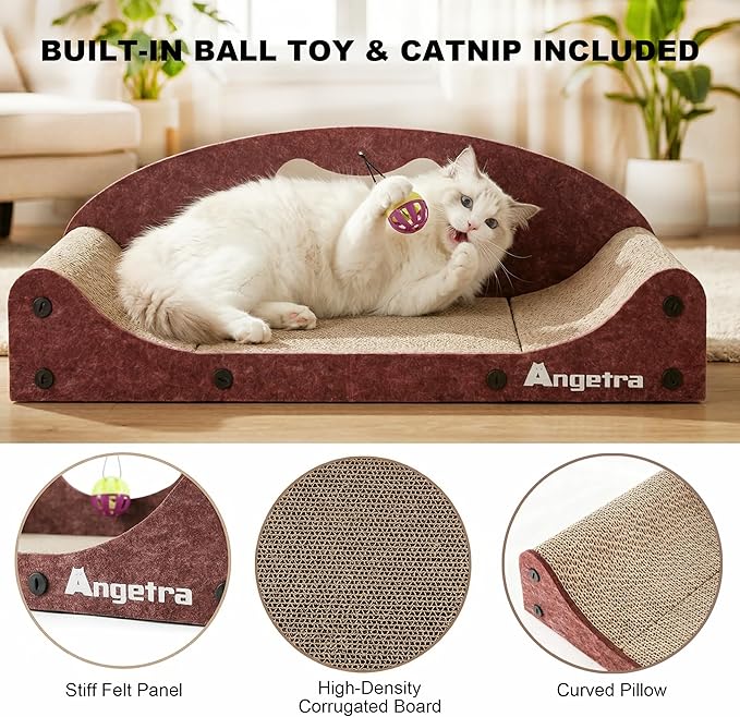 26" Cat Scratcher Bed, Large Scratcher Couch for Indoor Cats, Cardboard Scratcher Sofa, Durable Scratch Pad with Ball & Catnip, Furniture Protector (Brown, Large)